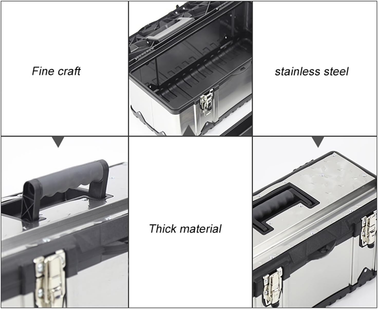  Coffret à Outils Boîte à Outils En Acier Inoxydable épais, Boîte De Rangement, Loquet Métal, Des Et Plateau Amovible, Poignée Antidérapante (4 Tailles)(Silver,Moyen)