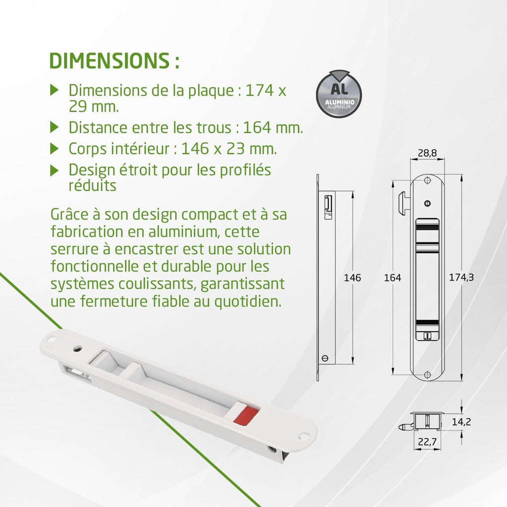  Amig - Serrure à Mortaise Pour Fenêtres Et Portes Coulissantes En Aluminium Mod.3800, Serrure à Crochet Encastrée, Finition Aluminium En Blanc