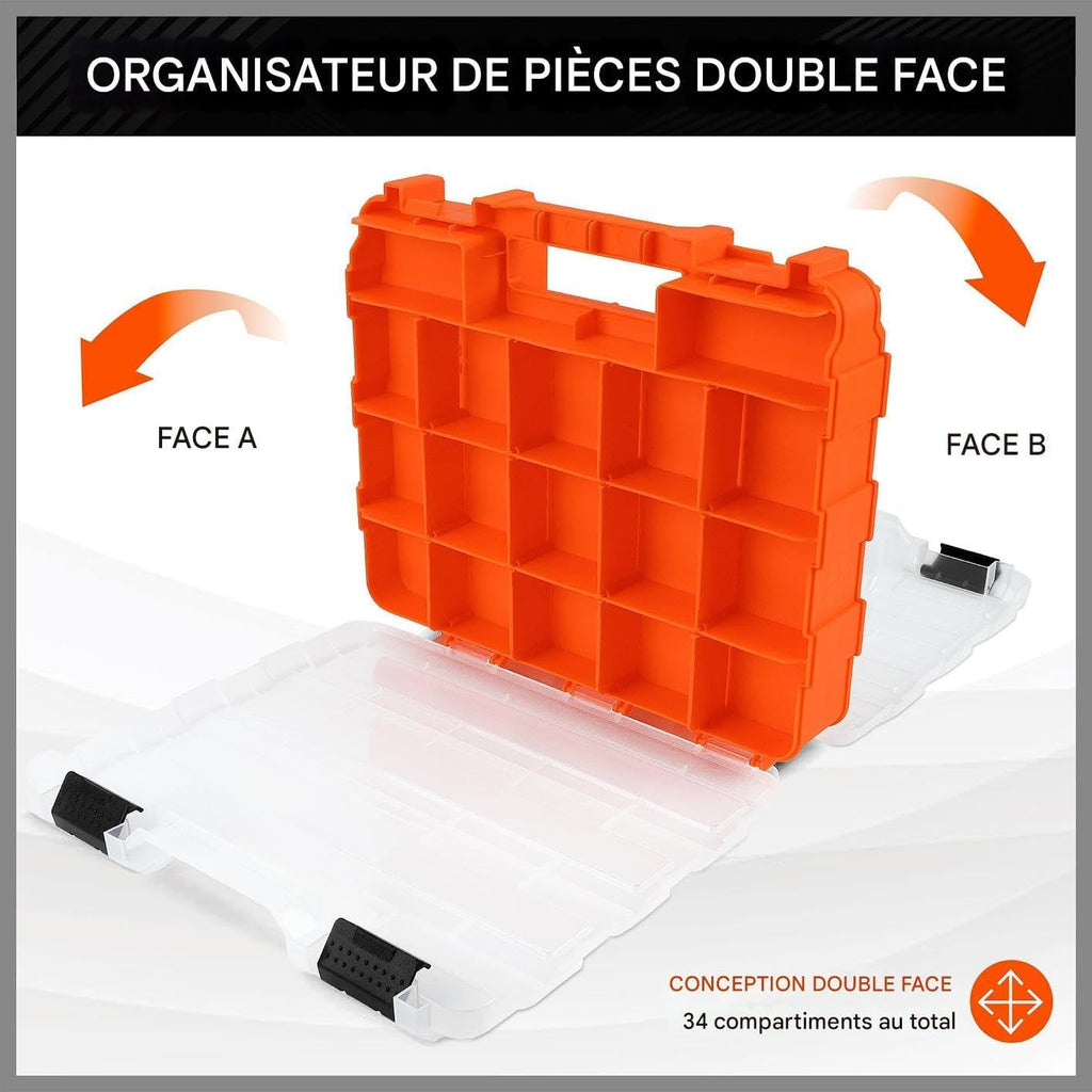  Boîte à Outils,Portable Double Face 34 Compartiments - Boîte De Rangement De Pièces Avec Cloisons Amovibles,pour Électronique, Perles, Bijoux, Quincaillerie, Boulons, Écrous, Forets,