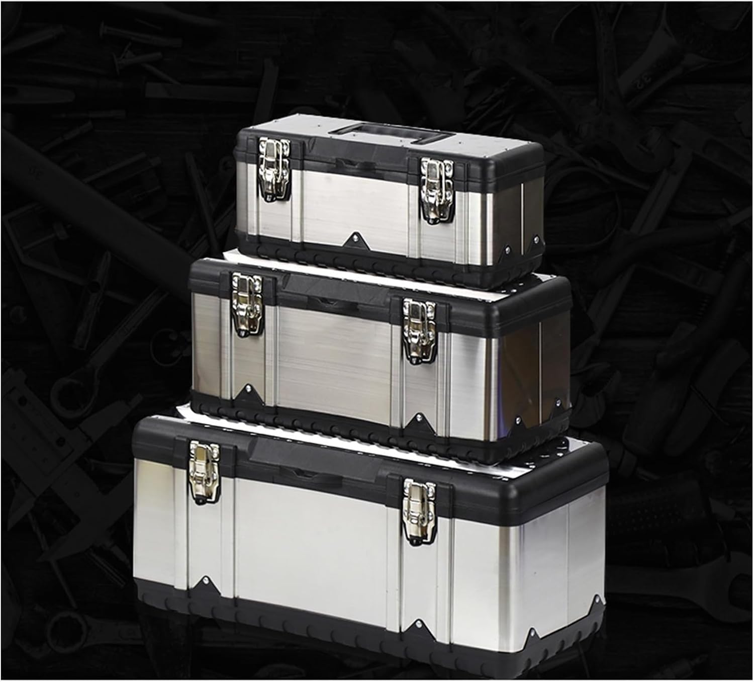  Coffret à Outils Boîte à Outils En Acier Inoxydable épais, Boîte De Rangement, Loquet Métal, Des Et Plateau Amovible, Poignée Antidérapante (4 Tailles)(Silver,Moyen)