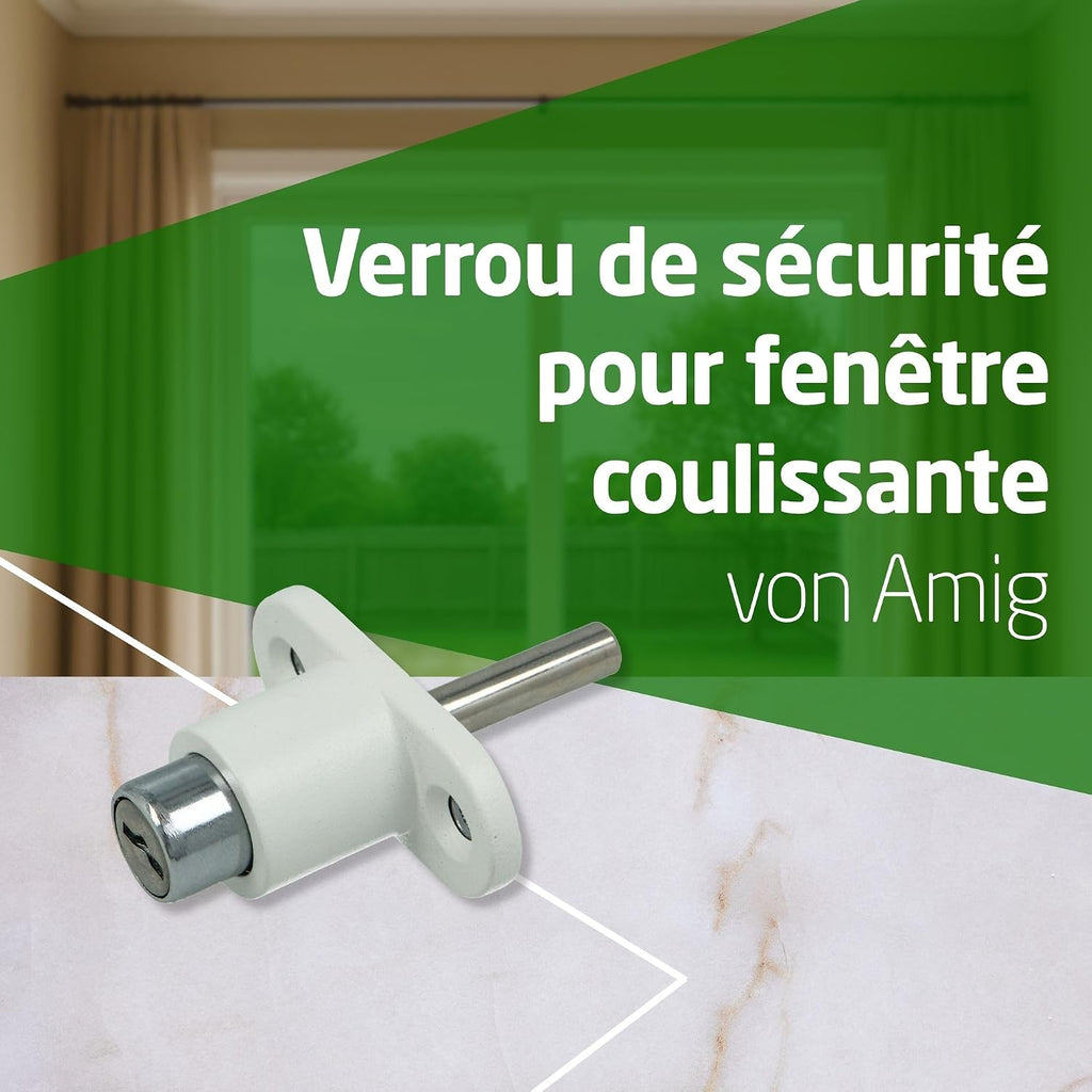  Amig - Security Lock For Sliding Windows Mod.45 | Zip Lock With 2 Keys + Lag Screws For Installation | Made Of Steel With White Finish | Dimensions: 53 X 23 Mm