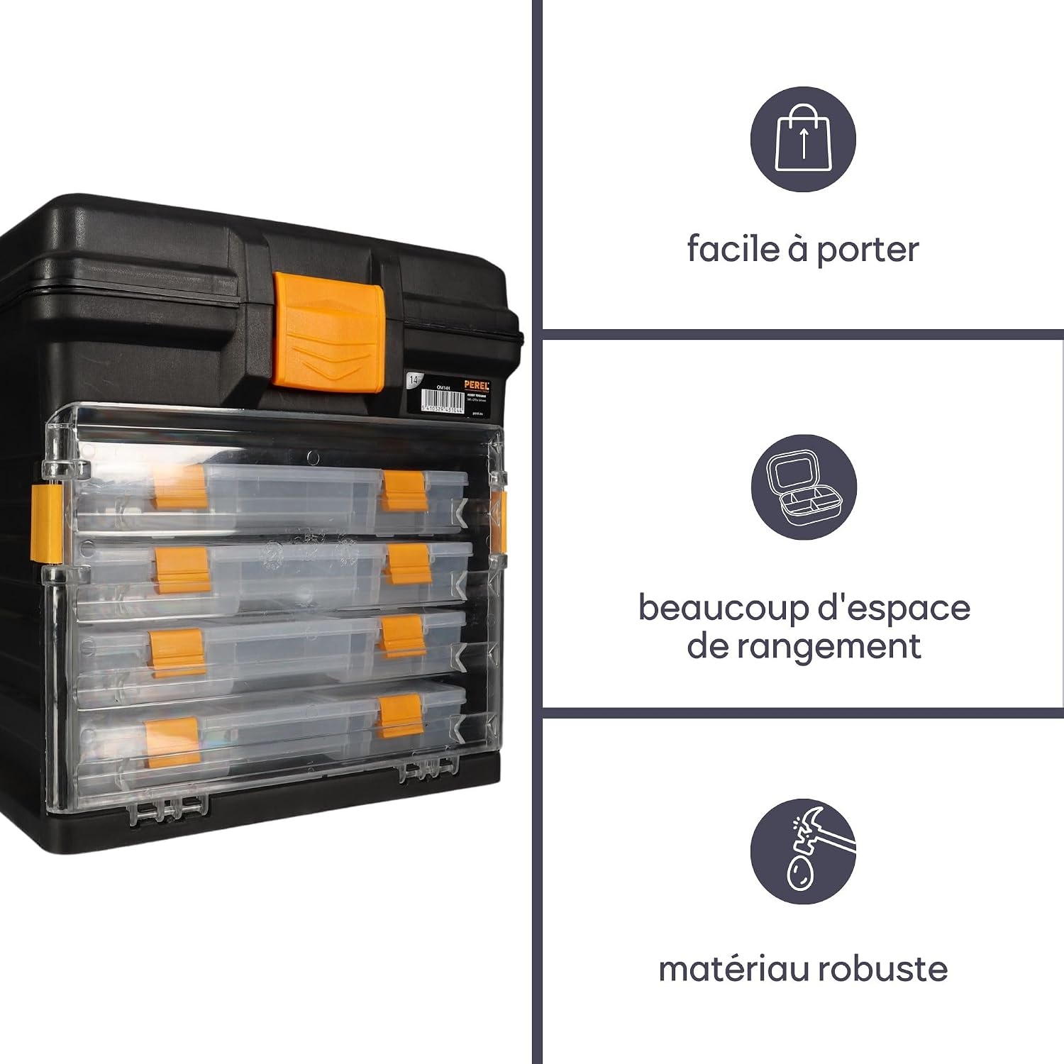  Perel Coffret De Rangement Multifonctionnel, Boite À Outils, Boite De Rangement Vide, Caisse Outil Plastique, Portable, Avec 4 Boîtes Amovibles, Noir/orange, 340 X 272 X 341 Mm