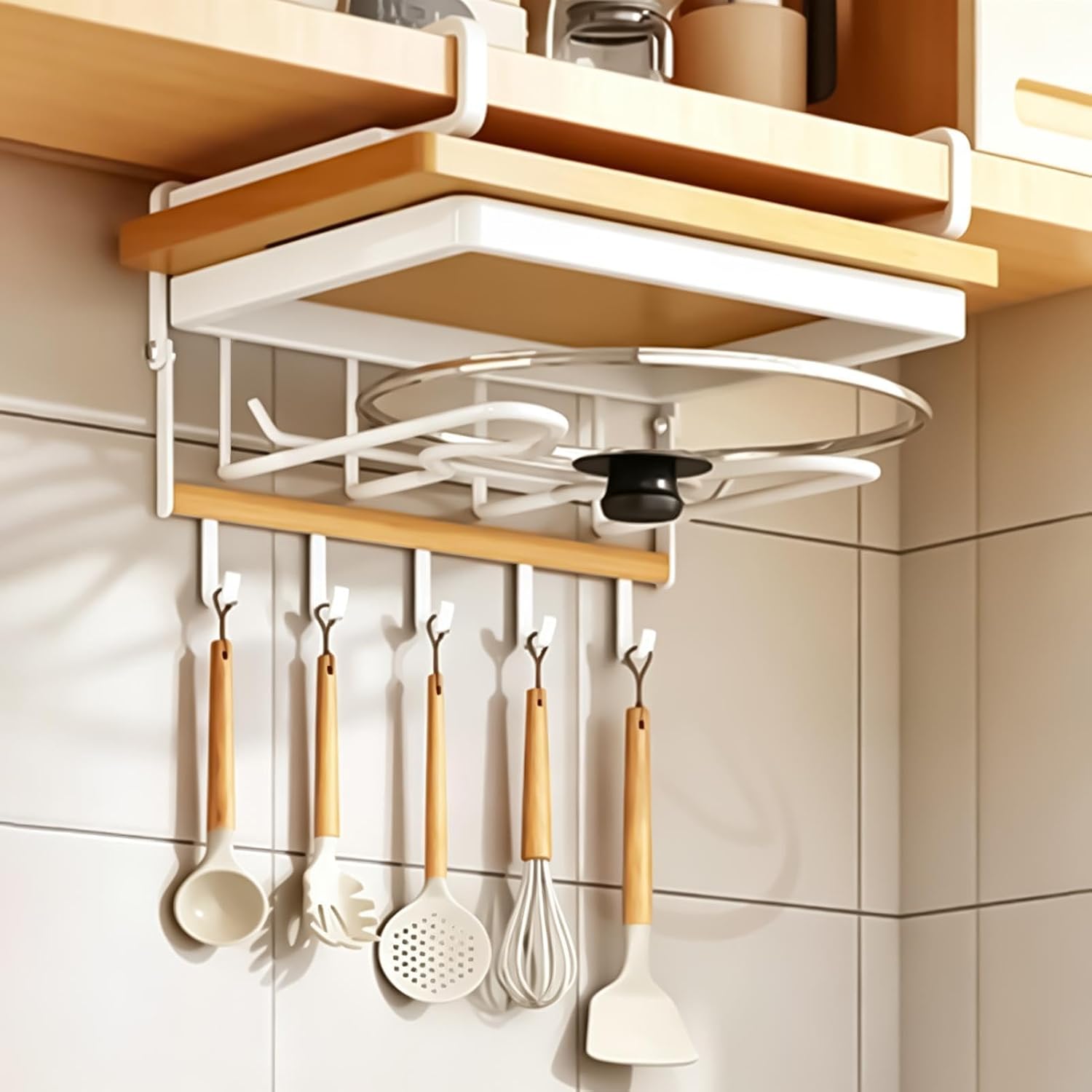  Rangement Sous Comptoir | Métal Sans Perçage Moderne Avec Crochets | Organisateur Sous Placard Support Planche à Découper,Pour Planche à Découper, Couvercle, Spatule, Louche, Torchon Et Maison,