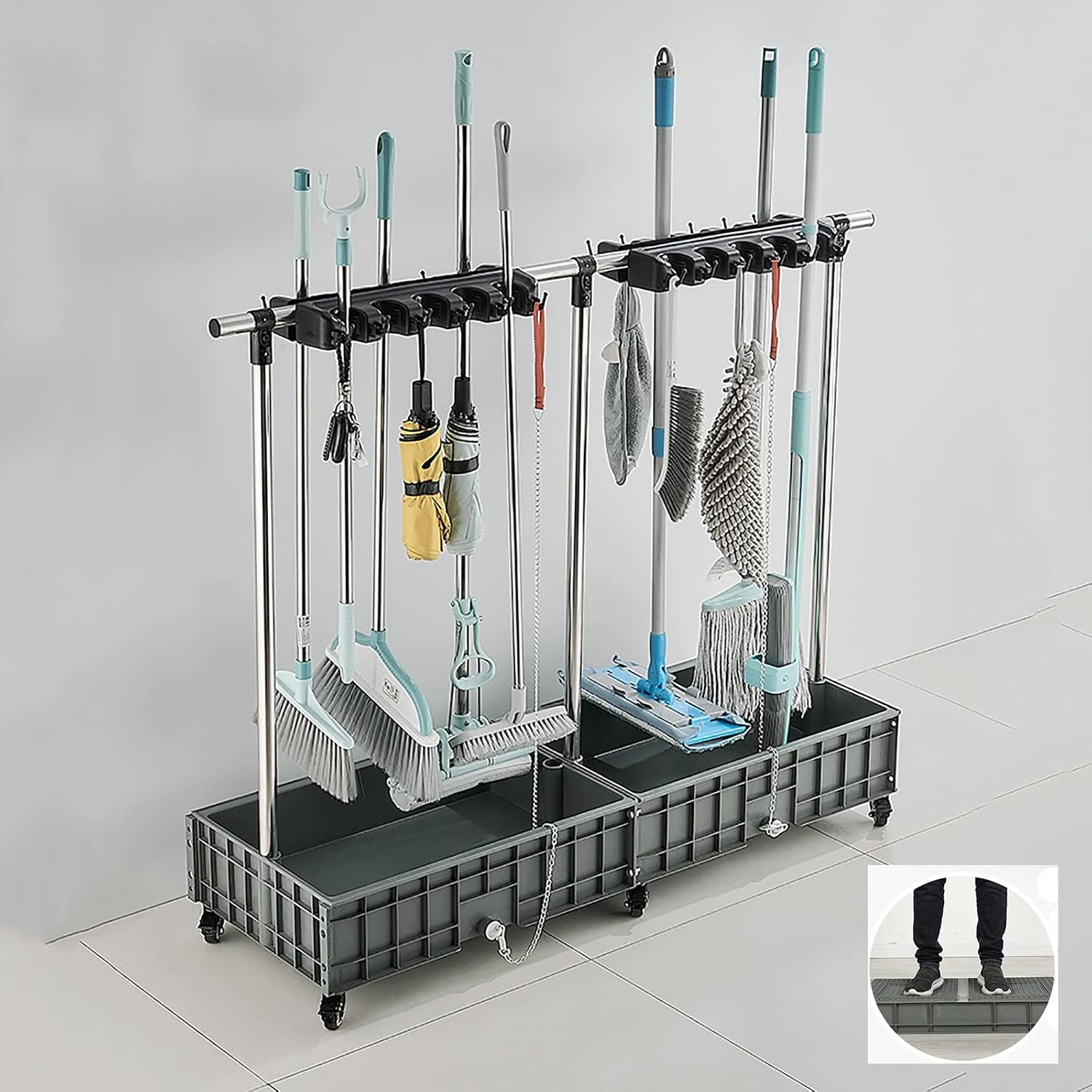  Support Utilitaire Pour Serpillières, Support De Balai Mobile, égouttoir à Serpillières, Support De Balai En Acier Inoxydable, Chariot à Serpillières Humides, étagère à Outils De Jardin Sur