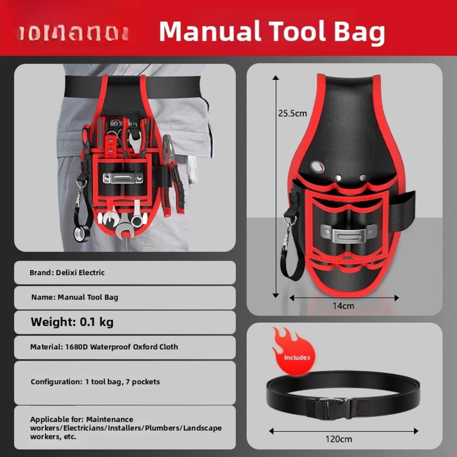  Sac Banane Robuste Pour Outils D'électricien, Pochette Oxford 1680D Imperméable Avec Plusieurs Poches Et Ceinture Réglable Pour Travaux De Construction, Rouge (B)