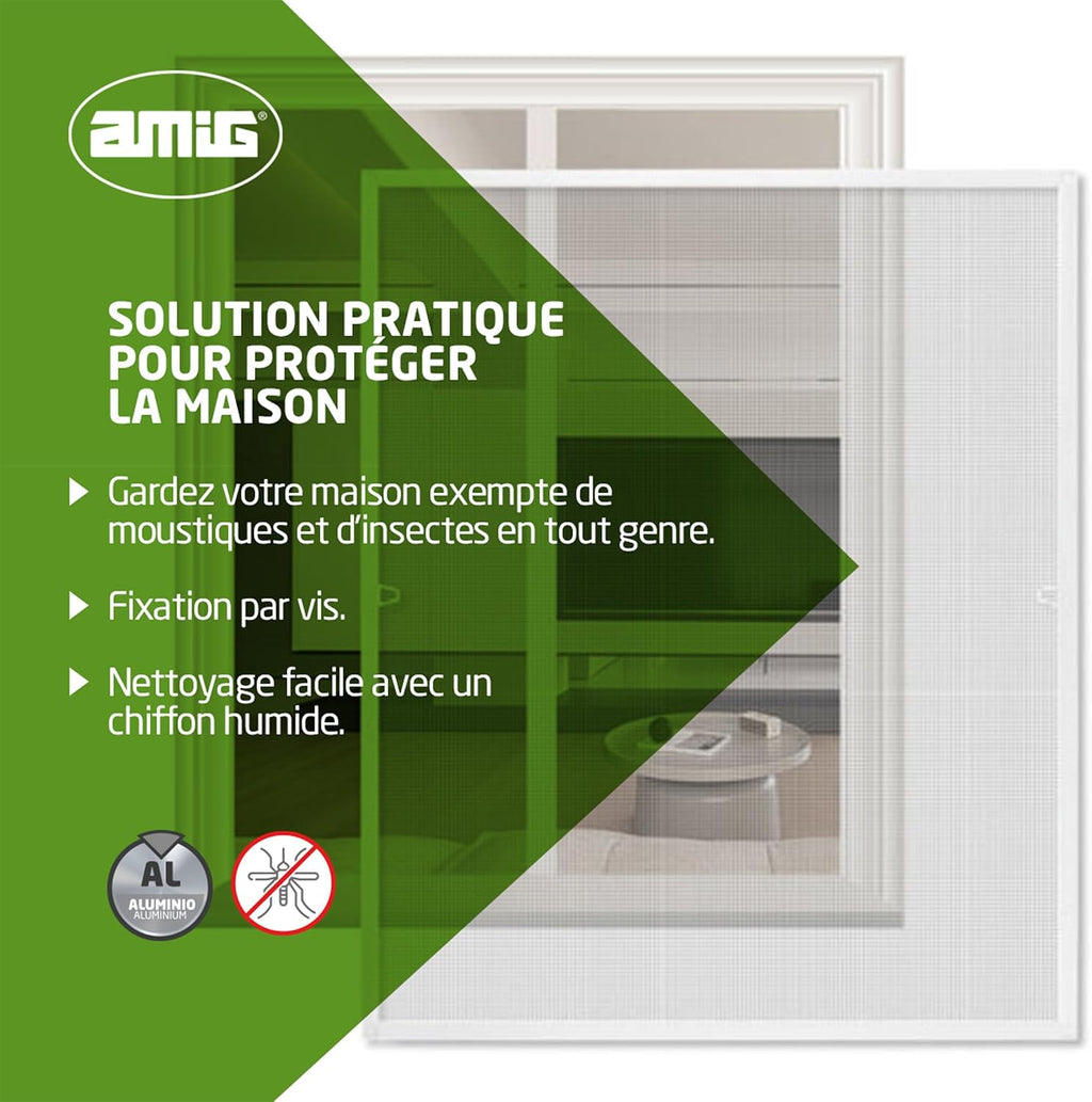  Amig - Moustiquaire Fixe Pour Fenêtre - 120 X 140 Cm - Cadre En Aluminium Blanc - Maille En Fibre De Verre Grise - Installation Avec Vis - Ventilation Avec Protection Contre Les Insectes - Mod. MF01