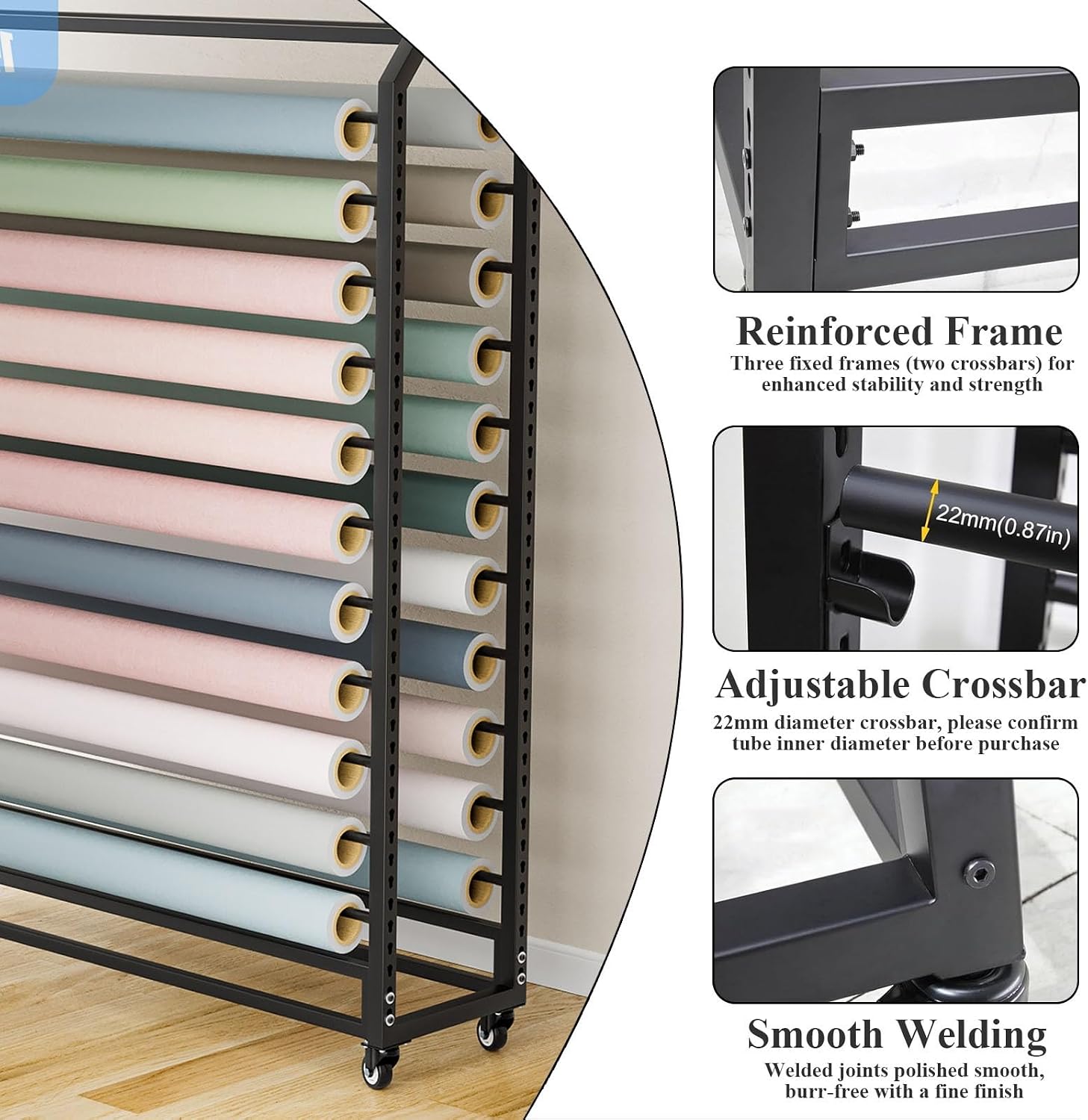  Support Roulant Commercial Pour Rouleaux De Tissu - Rack De Stockage Mobile Avec Roulettes Et Barre Réglable Pour Rouleaux De Vinyle, Cuir, Film Pour Fenêtres, Papier Peint(18 Rods,195cm)