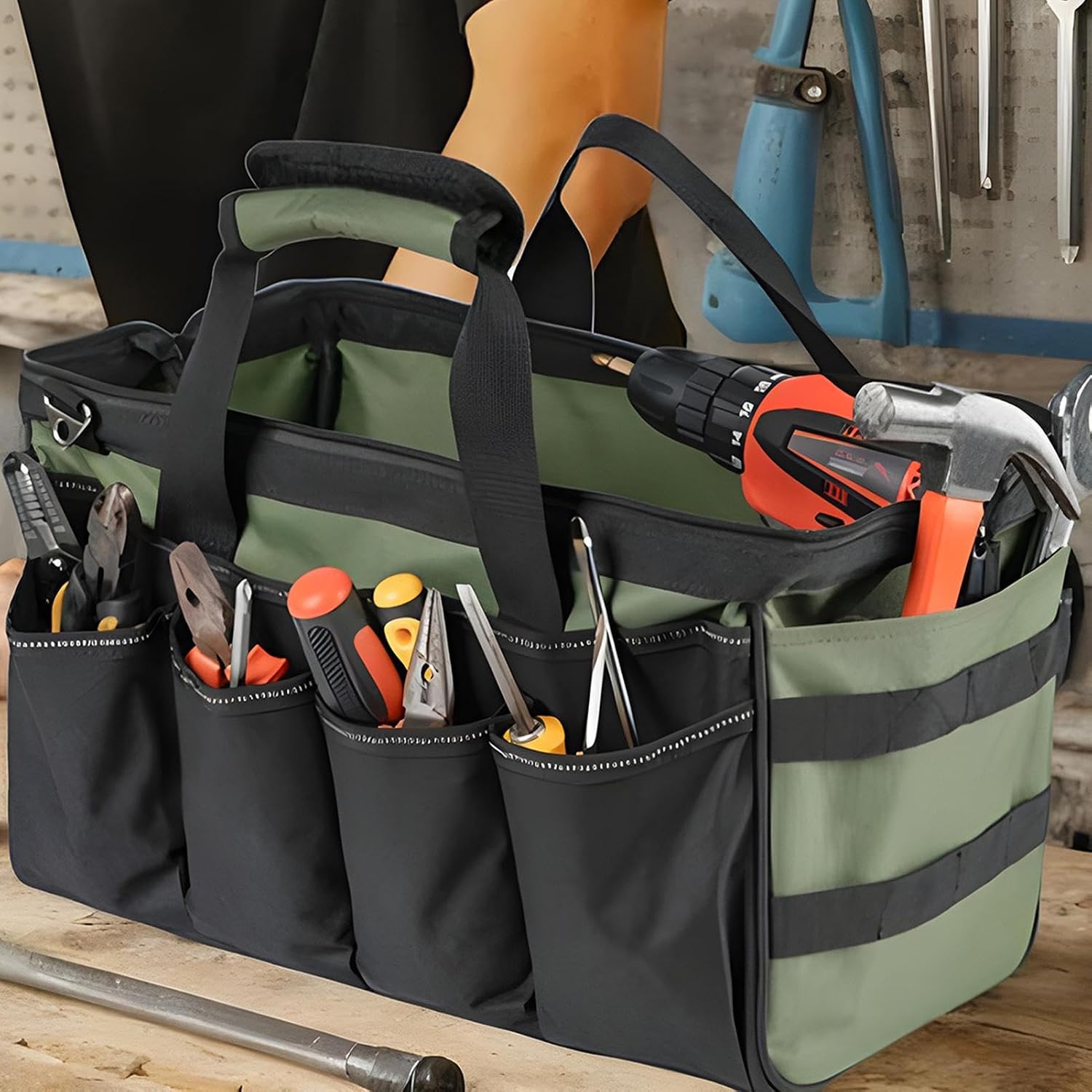  Sac De Stockage D'Outils - Porte-Outils Robuste Avec 16 Poches,Sac À Outils Zippé Avec Bretelle - Pour Hommes Père Mari Mécanicien Plombier Charpentier Garage Construction Réparation