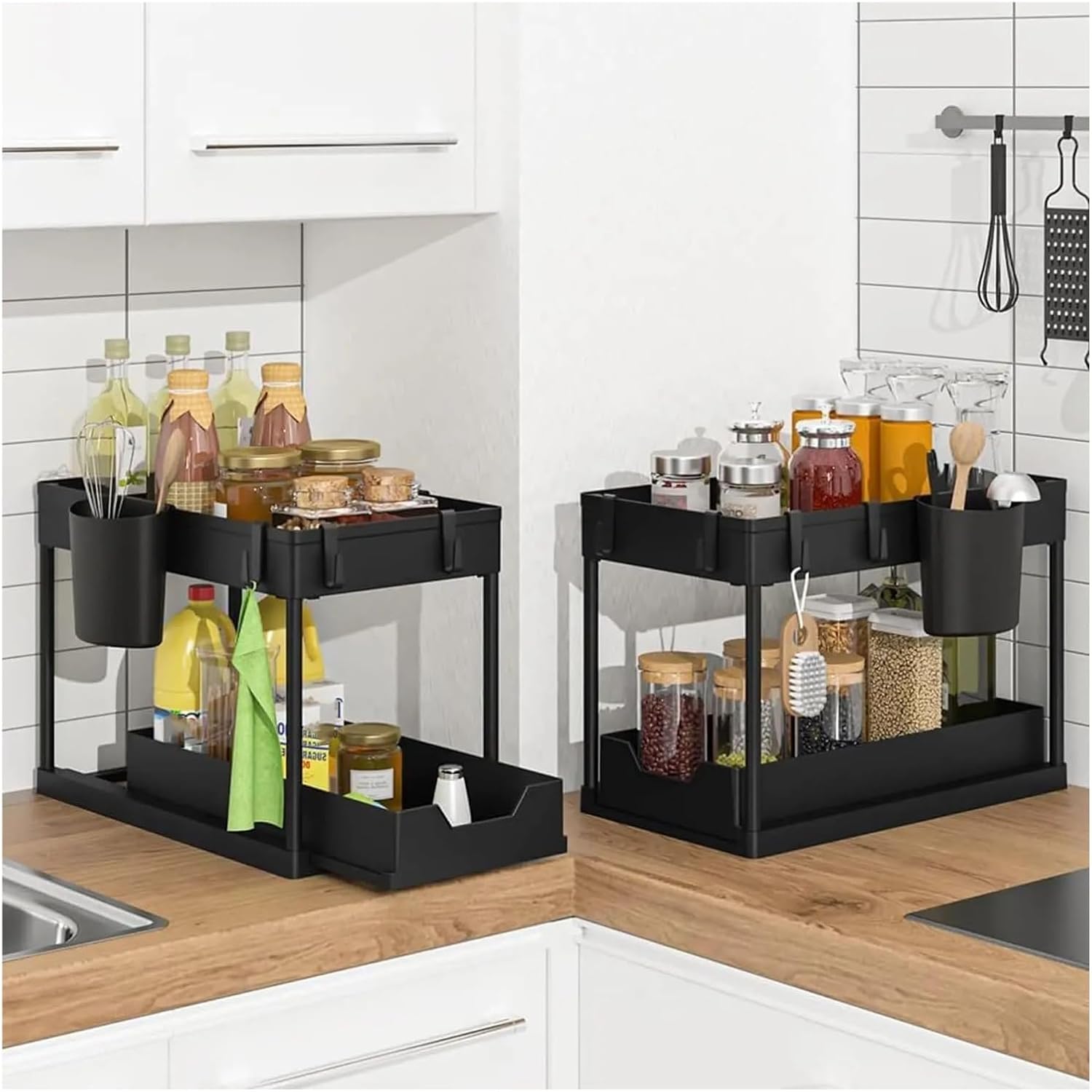  Organisateurs Sous évier à 2 Niveaux, Support D'armoire De Salle De Bain Avec Crochets, Tasse Suspendue, étagère De Rangement Polyvalente For La Cuisine(4 Pack)