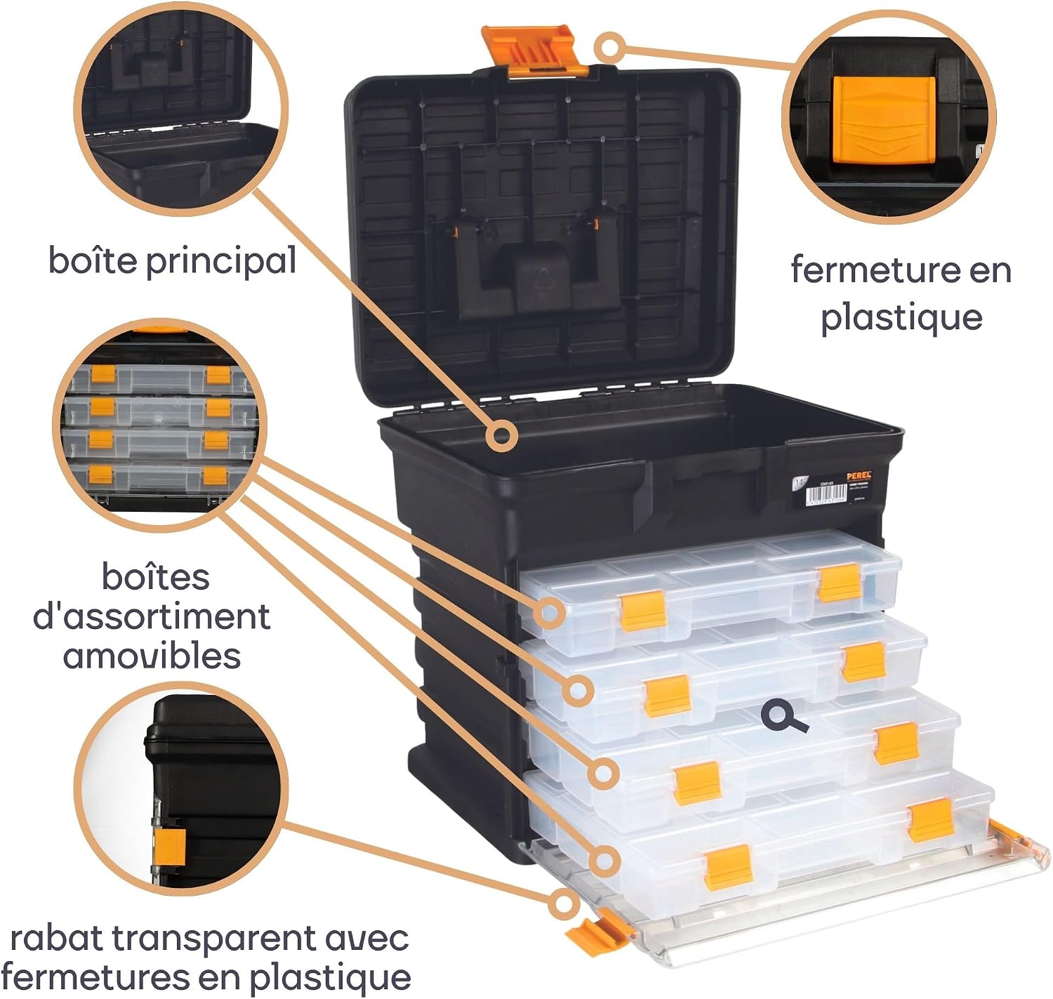  Perel Coffret De Rangement Multifonctionnel, Boite À Outils, Boite De Rangement Vide, Caisse Outil Plastique, Portable, Avec 4 Boîtes Amovibles, Noir/orange, 340 X 272 X 341 Mm