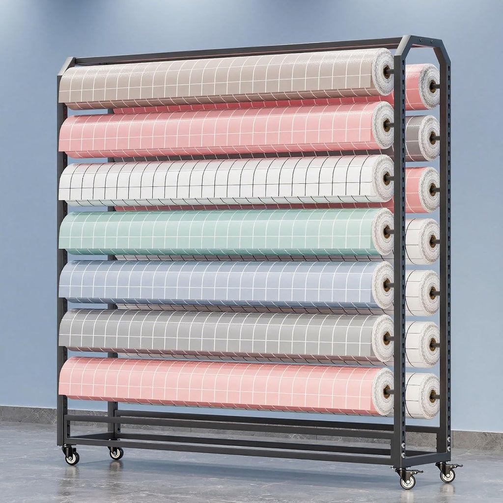  Support Roulant Commercial Pour Rouleaux De Tissu - Rack De Stockage Mobile Avec Roulettes Et Barre Réglable Pour Rouleaux De Vinyle, Cuir, Film Pour Fenêtres, Papier Peint(18 Rods,195cm)