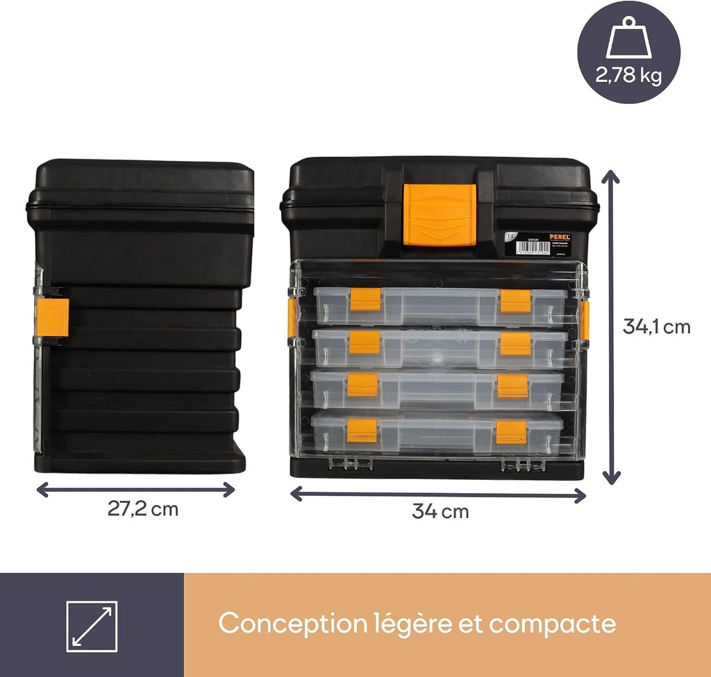  Perel Coffret De Rangement Multifonctionnel, Boite À Outils, Boite De Rangement Vide, Caisse Outil Plastique, Portable, Avec 4 Boîtes Amovibles, Noir/orange, 340 X 272 X 341 Mm
