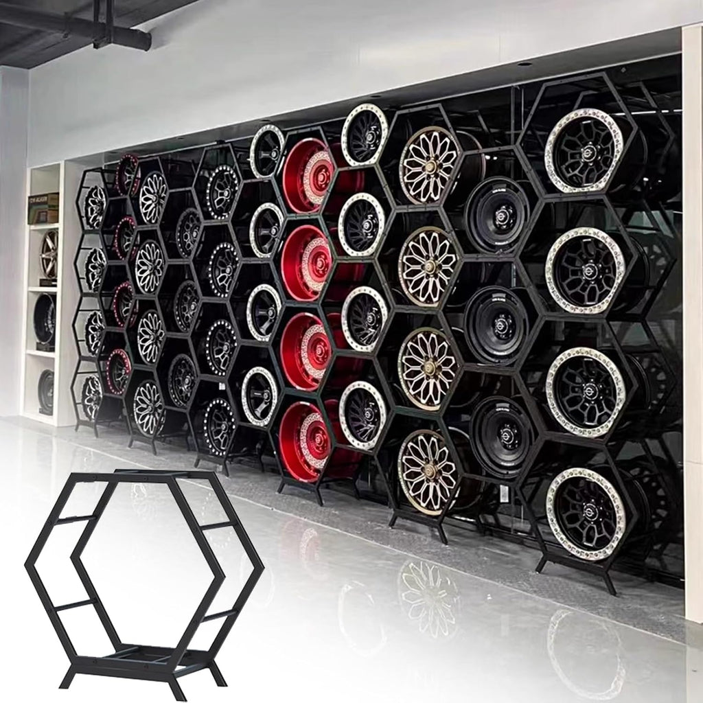  Générique Présentoir Multi-Jantes Robuste, Support De Rangement Hexagonal Empilable Pour Pneus, étagères Pour Roues De Véhicule, Montage Facile (3+2) Pour L'organisation Du Garage à Domicile.