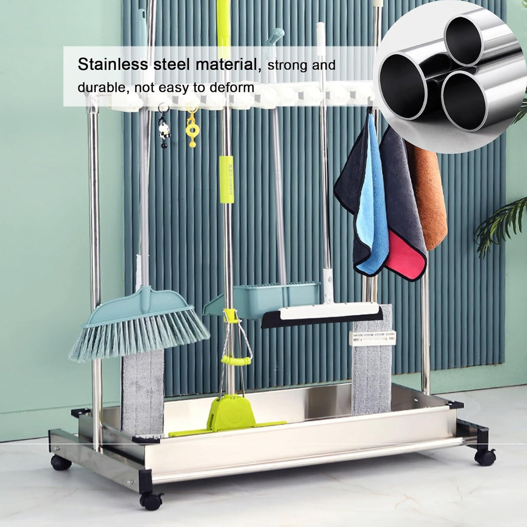 GENERIC Support De Balai Mobile, égouttoir à Balais Sur Pied En Acier Inoxydable, Chariot à Outils De Nettoyage Avec Crochets Pour écoles Et Restaurants, Argent, 68 X 51 X 109 Cm, A