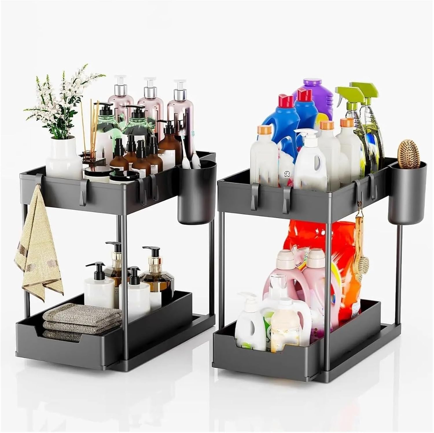  Organisateurs Sous évier à 2 Niveaux, Support D'armoire De Salle De Bain Avec Crochets, Tasse Suspendue, étagère De Rangement Polyvalente For La Cuisine(4 Pack)