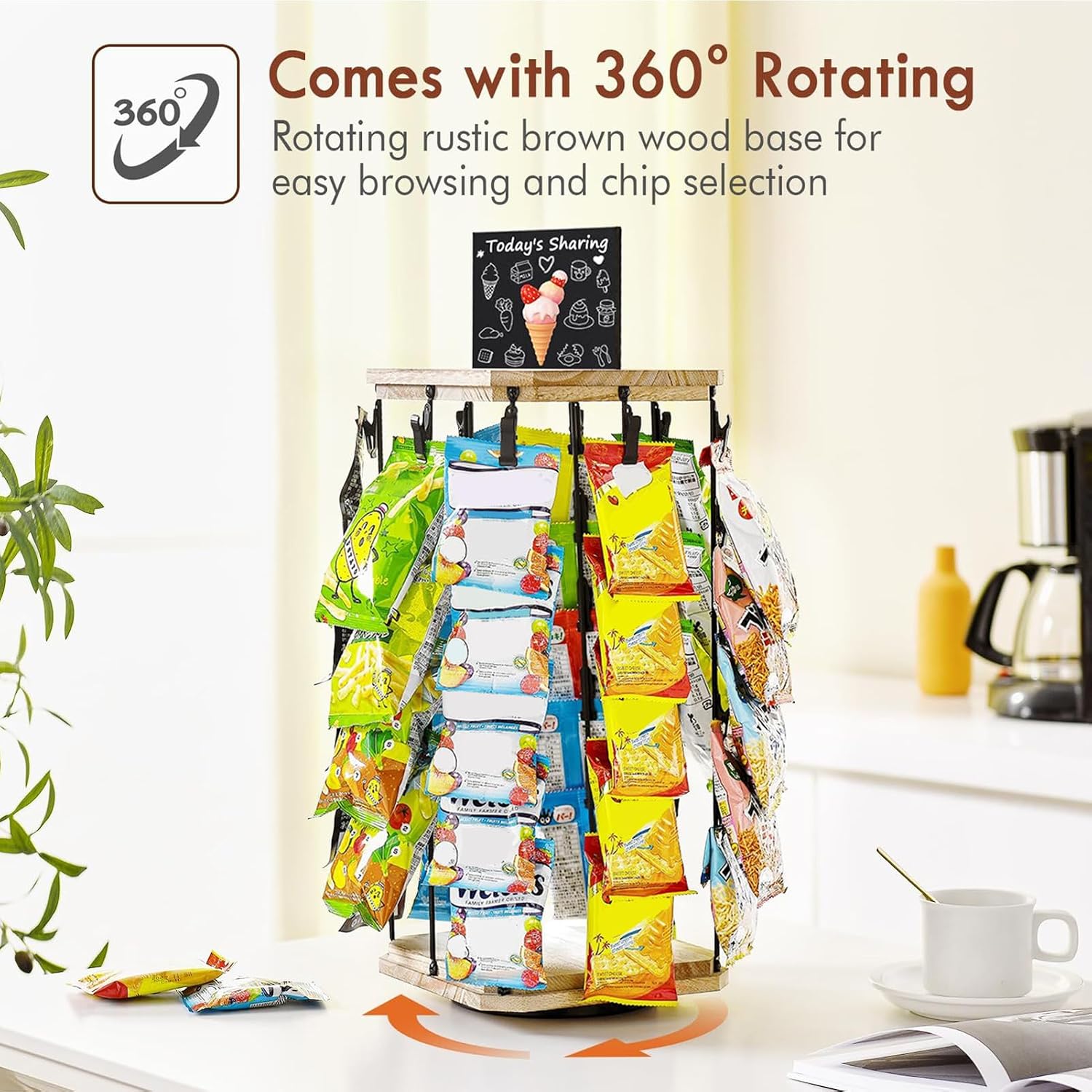  Générique Chip Rack Display Stand, 5-Tier Snack Organizer, 40 Clip Capacity, 360° Rotating Storage, Message Board Included, Kitchen Pantry Organizer, Space-Saving Design