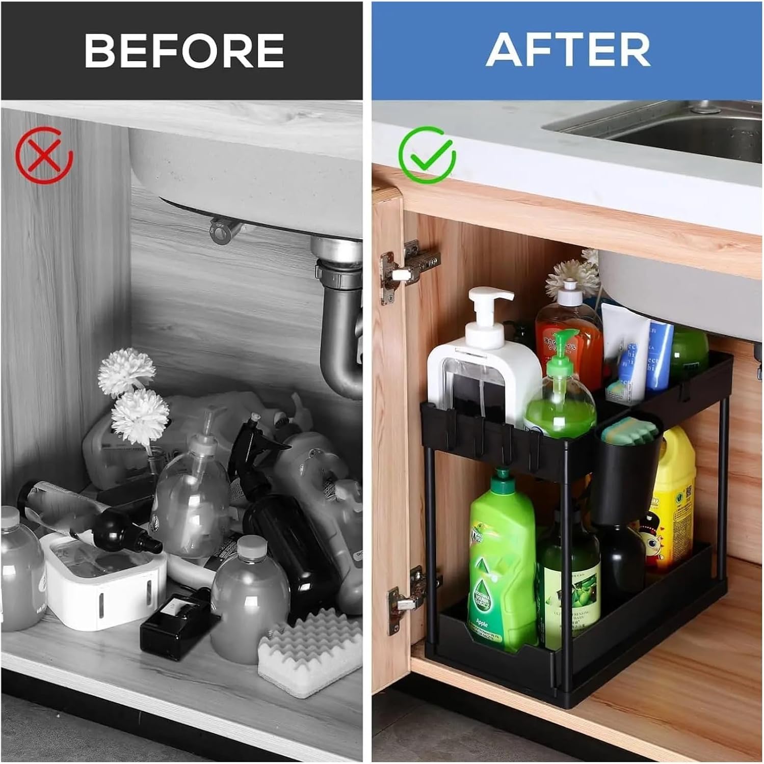  Organisateurs Sous évier à 2 Niveaux, Support D'armoire De Salle De Bain Avec Crochets, Tasse Suspendue, étagère De Rangement Polyvalente For La Cuisine(4 Pack)