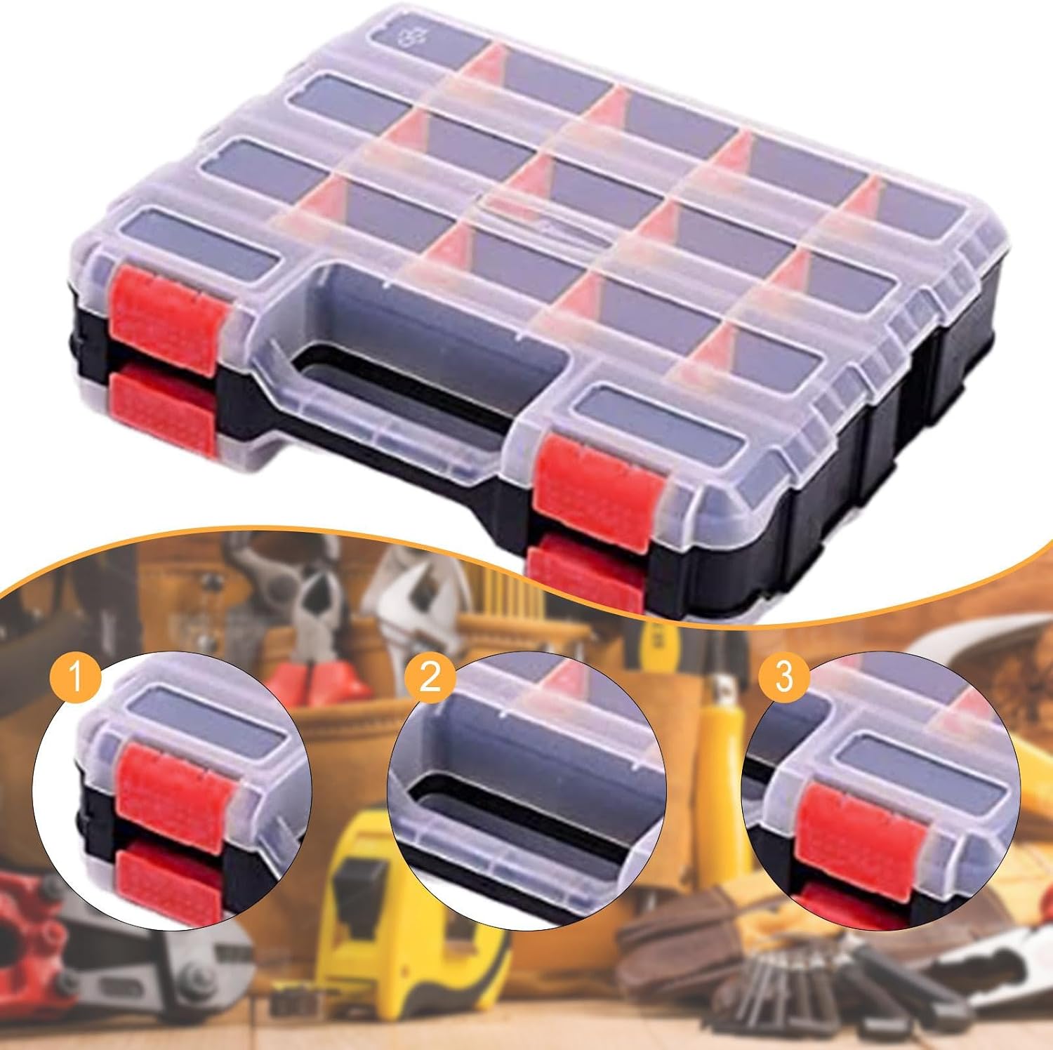  Boîte De Rangement Pour Petites Pièces, Boîte à Vis, Boîte D'assortiment, Conception Double Face Avec 34 Compartiments Personnalisables Pour Clous, Rouge