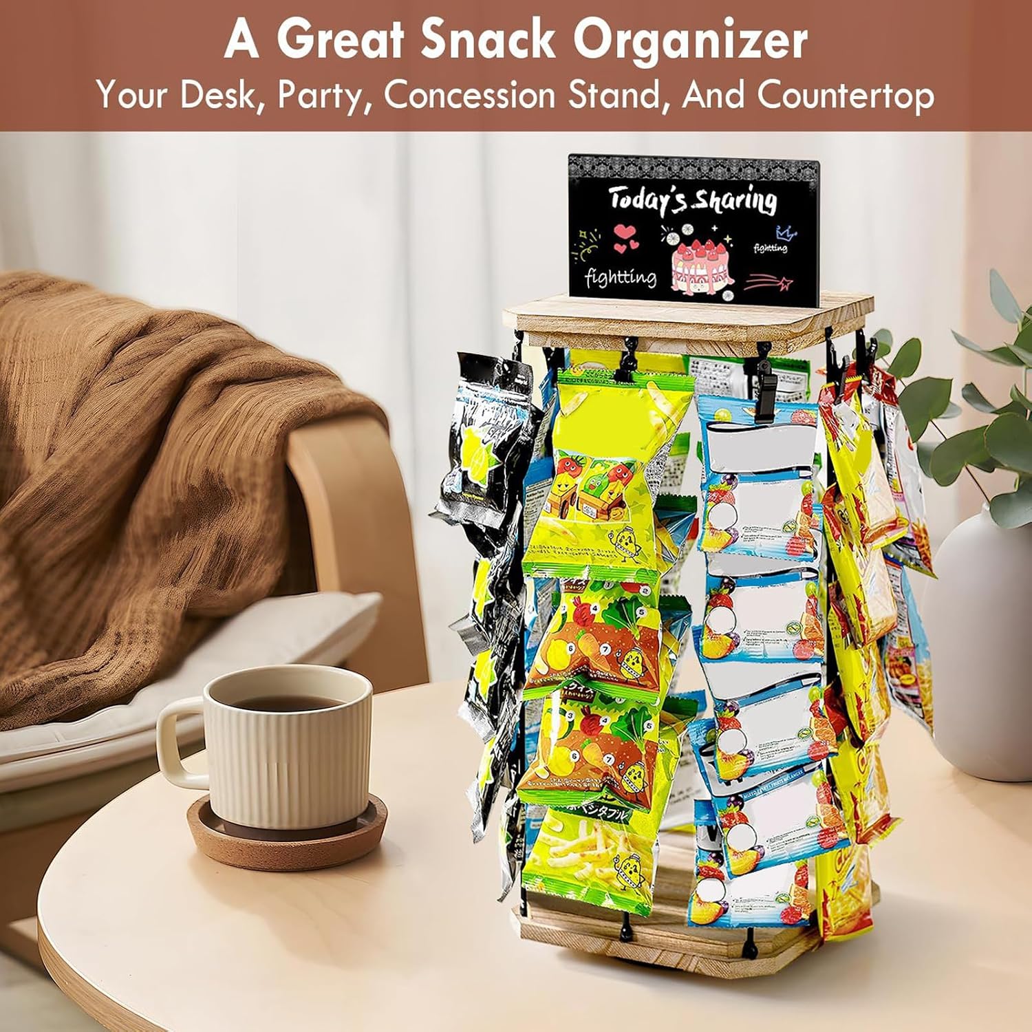  Générique Chip Rack Display Stand, 5-Tier Snack Organizer, 40 Clip Capacity, 360° Rotating Storage, Message Board Included, Kitchen Pantry Organizer, Space-Saving Design