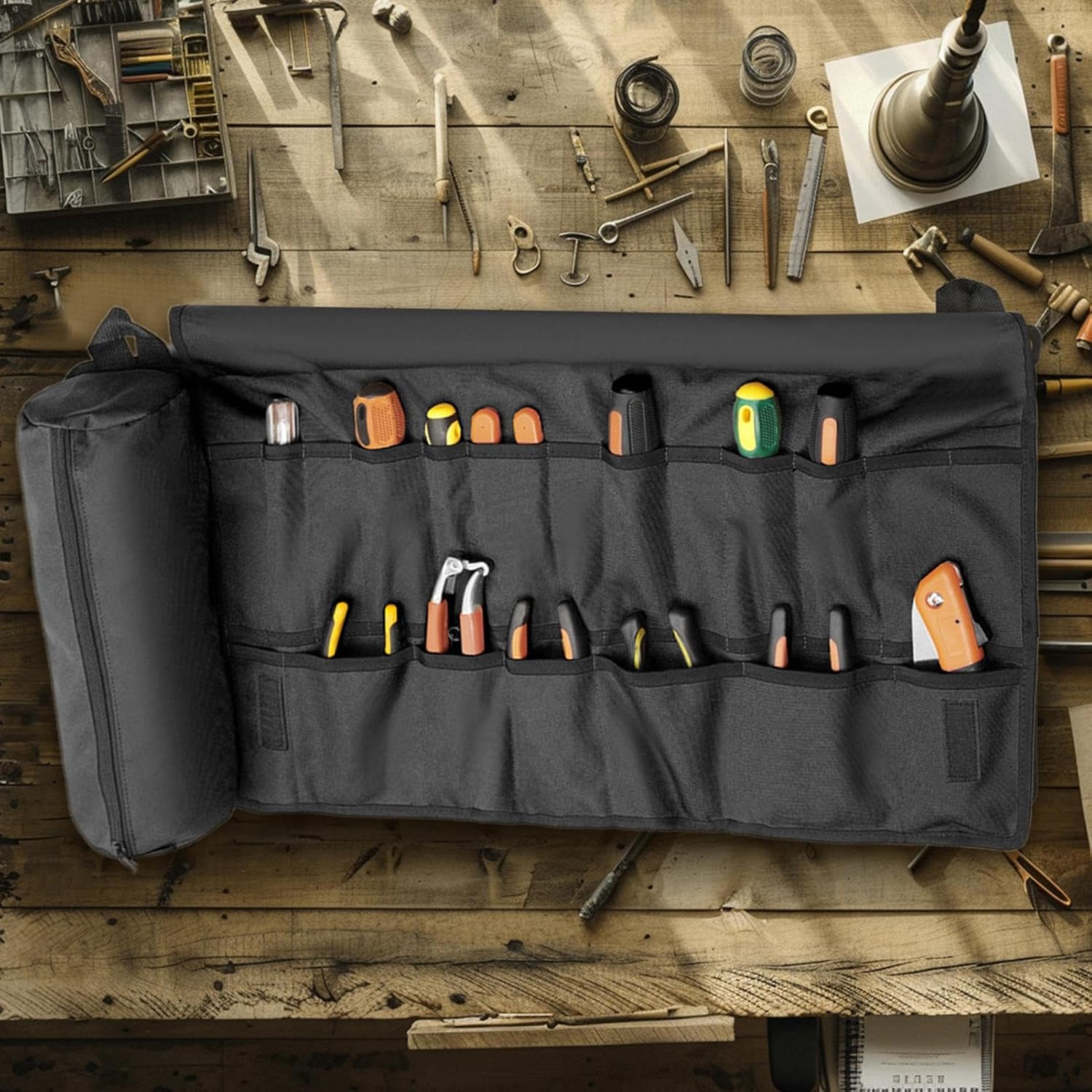  Sac à Outils à Roulettes Avec Poignée, 72 X 36 Cm, Design Imperméable Et Pliable, Matériau Résistant à L'eau Pour Cyclisme, Réparations En Plein Air, Noir Et Marron
