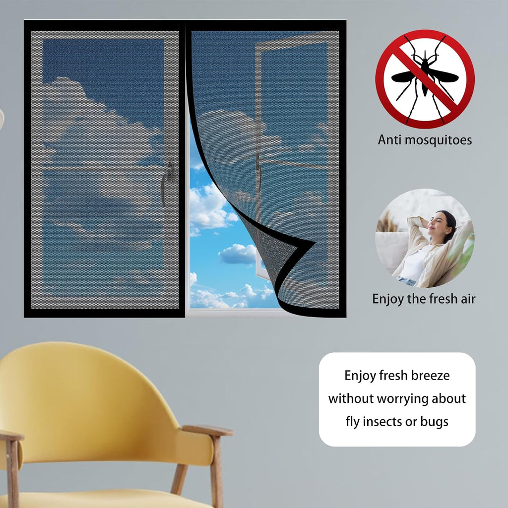  Magnetic Door Or Window Mosquito Net 86 X 113 Cm Self-Adhesive Mesh Curtain With Automatic Closing No Drilling For Corridors Windows Patio, Black