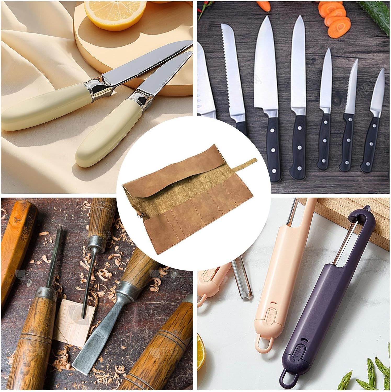 Genérico Sac à Outils Enroulable à 5 Compartiments, Fait à La Main, Vintage, Portable, Pour électriciens, Charpentiers, Cuisiniers, Plombiers, Burins, Tournevis, Clés, Tournevis