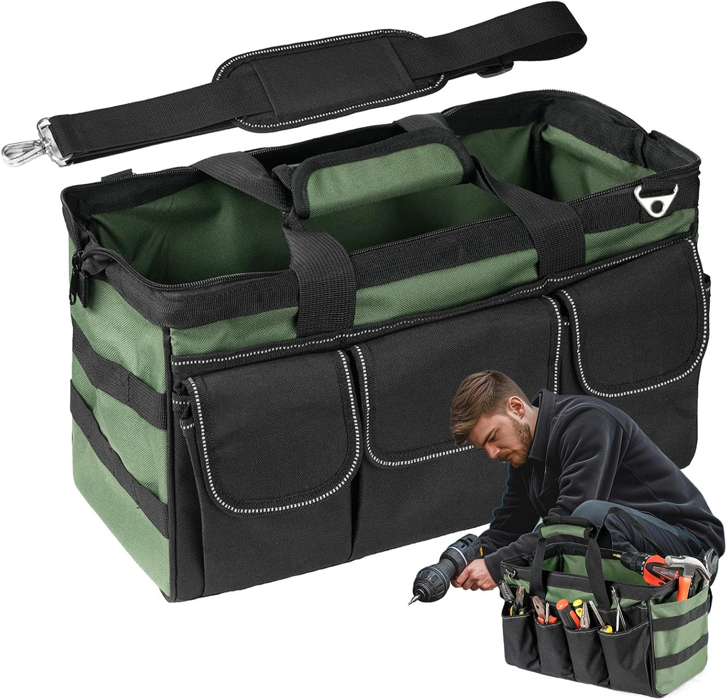  Sac De Stockage D'Outils - Porte-Outils Robuste Avec 16 Poches,Sac À Outils Zippé Avec Bretelle - Pour Hommes Père Mari Mécanicien Plombier Charpentier Garage Construction Réparation