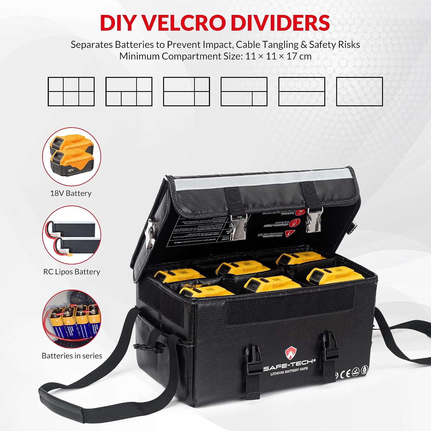  Ensemble De Sacs De Rangement Ignifuges Pour Batterie Avec 3 Mini Pochettes Ignifuges, Grand étui De Sécurité Pour Batterie LiPo Pour Outils électriques De 500 Wh, Séparateurs Réglables Pour DeWalt